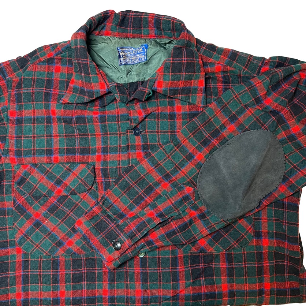 VTG Pendleton Mens M Wool Plaid Boardshirt Elbow Patches 1960s Red Green Black
